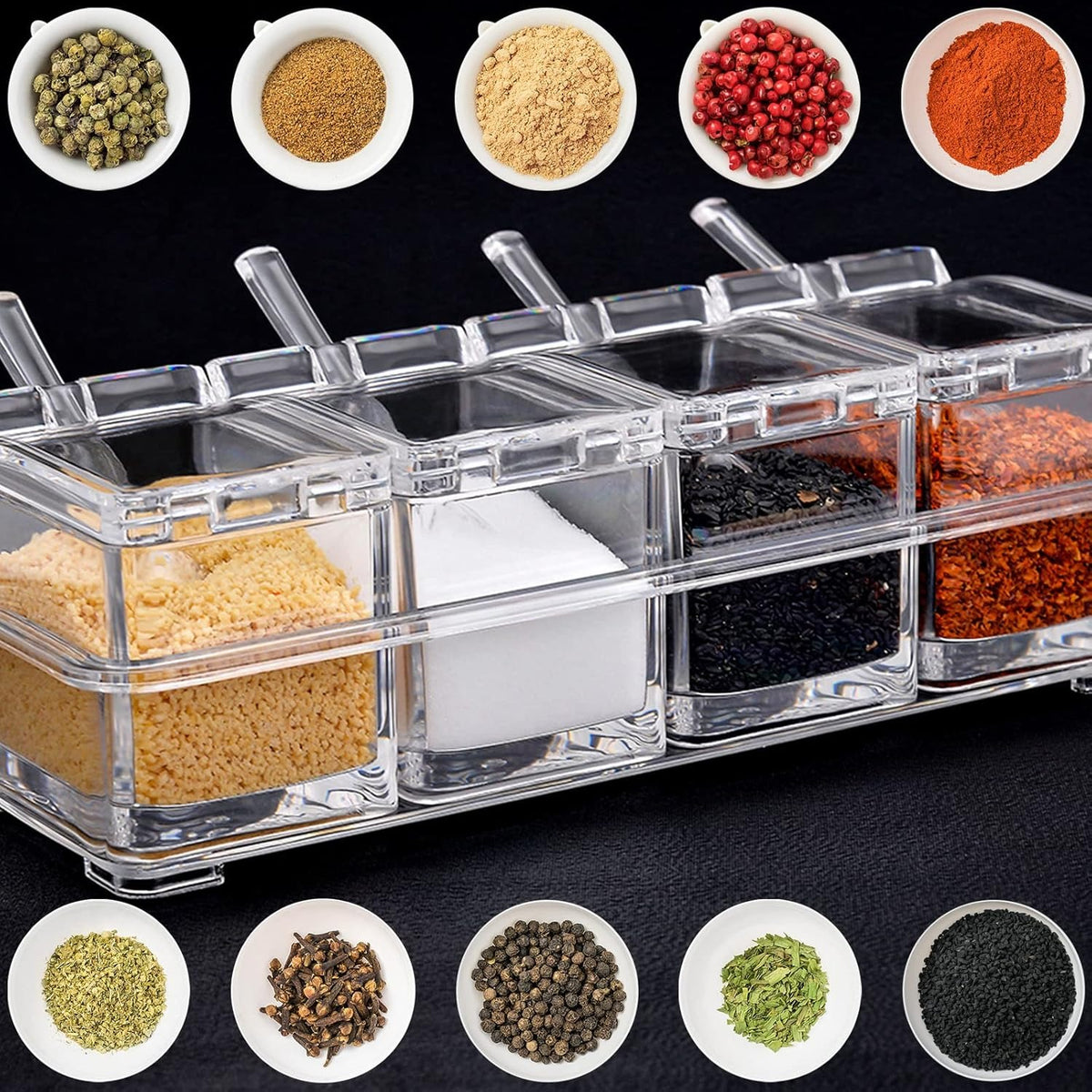 Crystal Seasoning Box – 4 Compartments with Spoons
